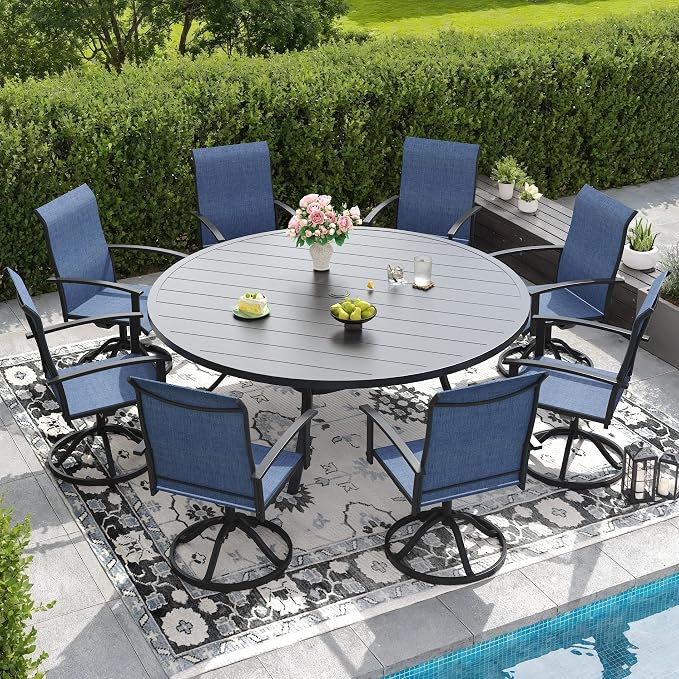 DIFY 9 Pieces Outdoor Dining Set for 8, 63" Black Round Metal Table with Umbrella Hole and Blue Textilene Swivel Patio Chairs, Patio Table and Chairs Set for Garden, Backyard, Poolside