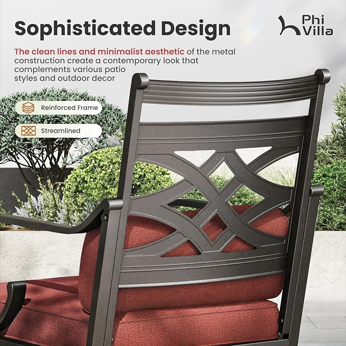 PHI VILLA 7 Pieces Outdoor Dining Set for 6, 61" Rectangle Metal Table with Umbrella Hole & Wrought Iron Swivel Chairs, Patio Furniture with Red Cushions & Pillows for Deck, Porch, Backyard