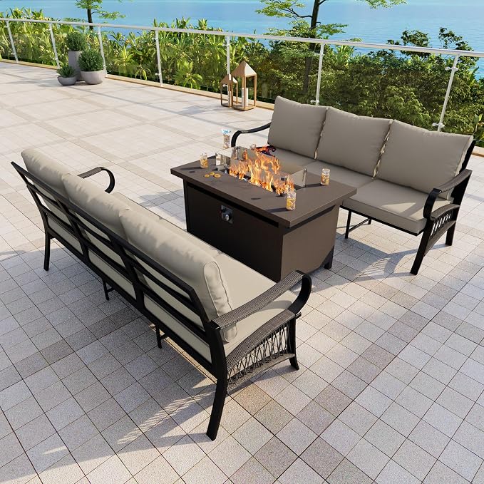Outdoor Furniture Set, Patio Conversation Set Include 2 x 3-Seater and Fire Pit Table for Deck, Porch, Garden, Backyard, Poolside (Beige, 3-Piece)