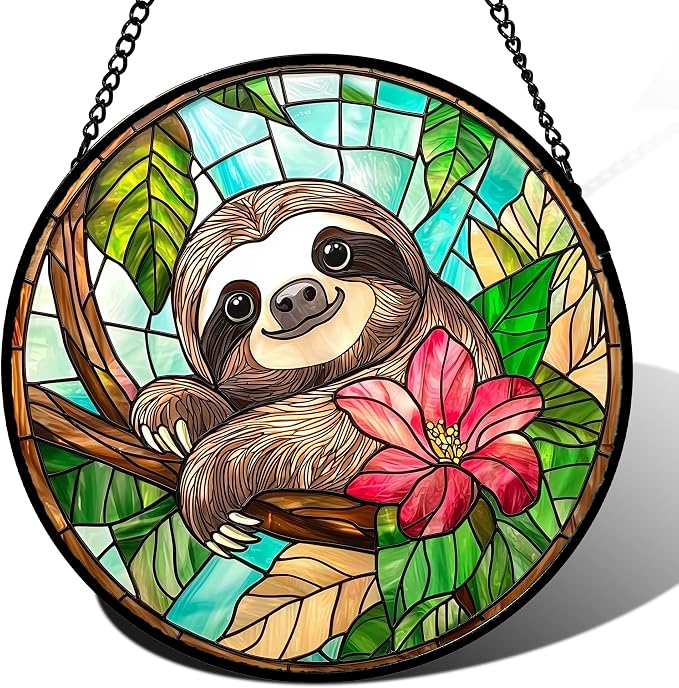 Stained Glass Window Hanging, Cute Sloth Sun Catcher for Door Home Decor Animal Suncatcher Christmas Mother's Day Birthday Gifts for Women Men Mom and Nana 7.8 in