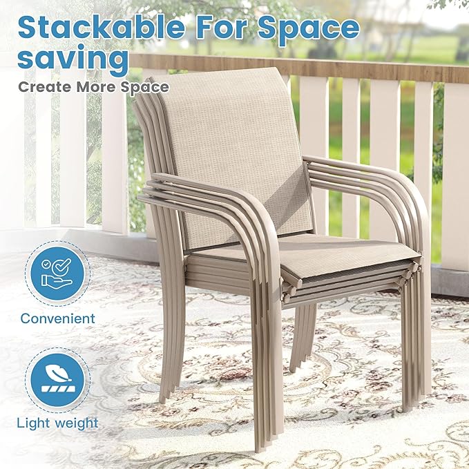 DIFY 7 Pieces Outdoor Patio Dining Set for 6, 47.2" Sandshell Round Dining Table and 6 Sandshell Stackable Sling Dining Chairs, Metal Outdoor Table and Chairs for Lawn Garden Backyard Deck