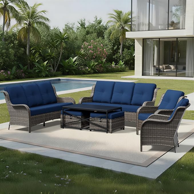 Joyside 7 Piece Wicker Patio Furniture Set, Rattan Patio Chairs with High Back, Deep Seating, Wide Armrest, Thickened Cushions, Outdoor Furniture for Deck, Porch Use