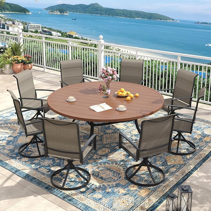 Outdoor Dining Set for 8, 63" Outdoor Dining Table with Umbrella Hole and Padded Textilene Patio Swivel Chairs, 9 Pieces Patio Table and Chairs Set for Garden Backyard, Mixed Brown and Walnut