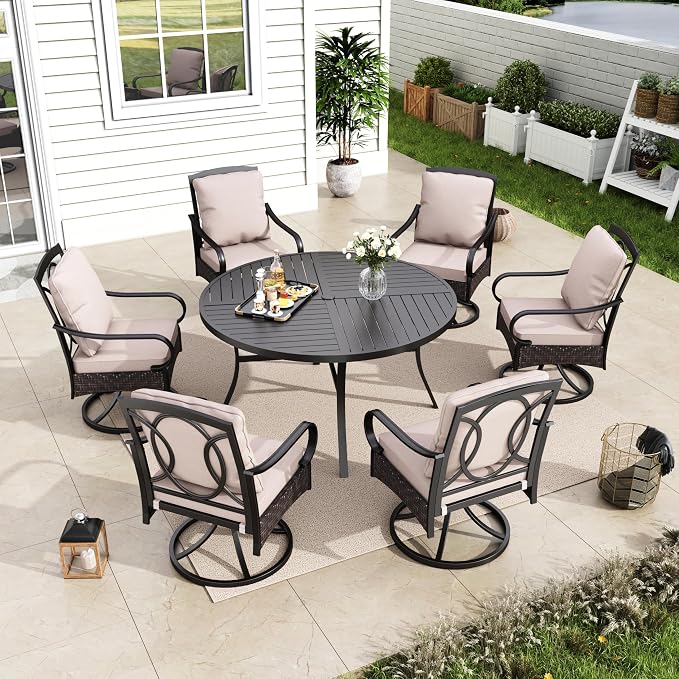 MFSTUDIO Round Patio Table and Chairs, Outdoor Patio Dining Set for 6, Outdoor Table and Chairs for 6, 7 Pieces Patio Metal Table with Swivel Chairs, 1.75'' Umbrella Hole