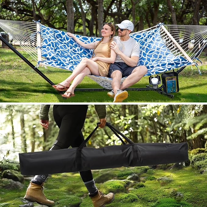 SUNCREAT Hammocks Freestanding 2 Person Hammock with Soft Pillow, Portable Stand, 57 Inch Extra Large Hammock Bag with Zipper, Black