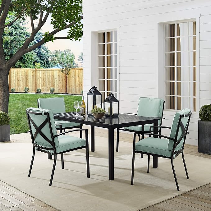 Crosley Furniture Kaplan 5-Piece Outdoor Dining Set for 4, Patio Table and Chairs for Backyard, Deck, Oiled Bronze with Mist Cushions