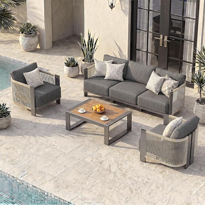 Vexwalx Luxury Patio Furniture Set, 4-Piece Curved Outdoor Furnitrue Set with Weather-Resistant Aluminum Frame and 7.1" Thicker Cushion, Woven Rope Patio Conversation Set for Deck, Garden