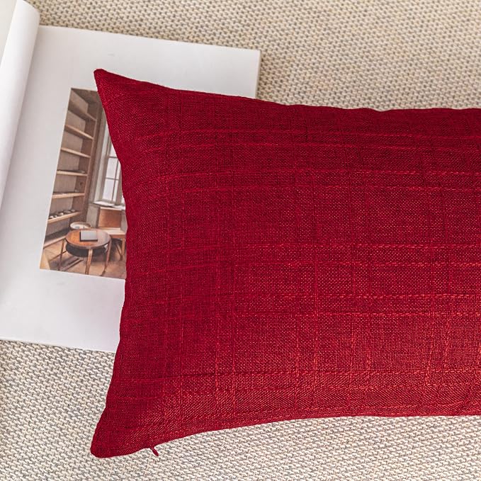Kevin Textile Outdoor Waterproof 12”x20” Lumbar Pillow Covers 2 Pack, Red | Water Resistant, Soft Faux Linen-cotton Yarn-dyed Woven Texture Throw Pillow Covers for Tent Patio Garden Couch Sofa
