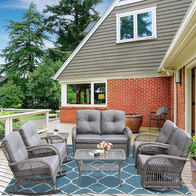 7-Piece Wicker Patio Furniture Sets Outdoor All-Weather Rattan Conversation Set Includes Glider Loveseat, 2 Glass-Top Coffee Tables, 2 Swivel-Rocker Chairs for Porch Backyard, Gray