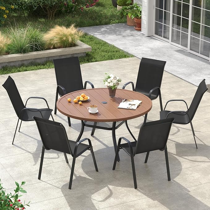 VICLLAX Round Patio Dining Set for 6, Metal Slatted Patio Table with Umbrella Hole and Stackable Patio Chairs for Deck Lawn Garden, Black Fabric and Walnut Tabletop