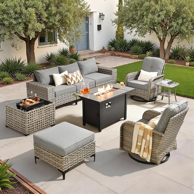 Patio Furniture Set,9 Pieces Outdoor Wicker Conversation Sets with 42 in Fire Pit Table,2 Wicker Rocking Chair & Coffee Table,Outdoor Sectional Sofa for Balcony Backyard Poolside Garden Lawn(Gray)