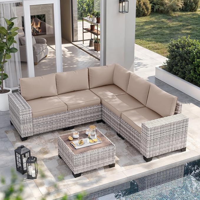 6-Piece Outdoor Patio Furniture Set Wicker Sectional Sofa Set, Patio Conversation Set with Thickened Cushions & Chunky Arms Coffee Table for Garden, Backyard, Poolside, Beige