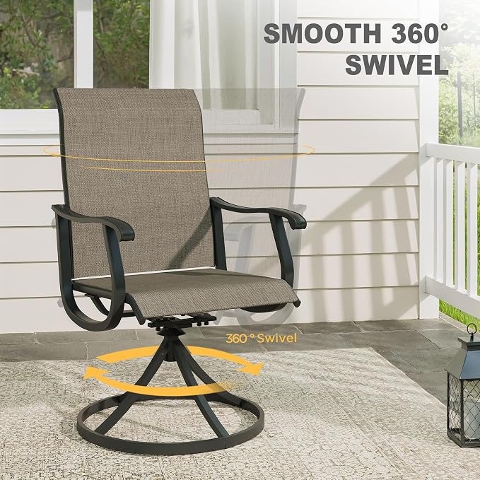 VICLLAX Patio 7 Pieces Outdoor Dining Set, 53" Round Metal Table with Umbrella Hole and 6 Swivel Textilene Chairs for Lawn, Garden, Porch,Walnut/Brown