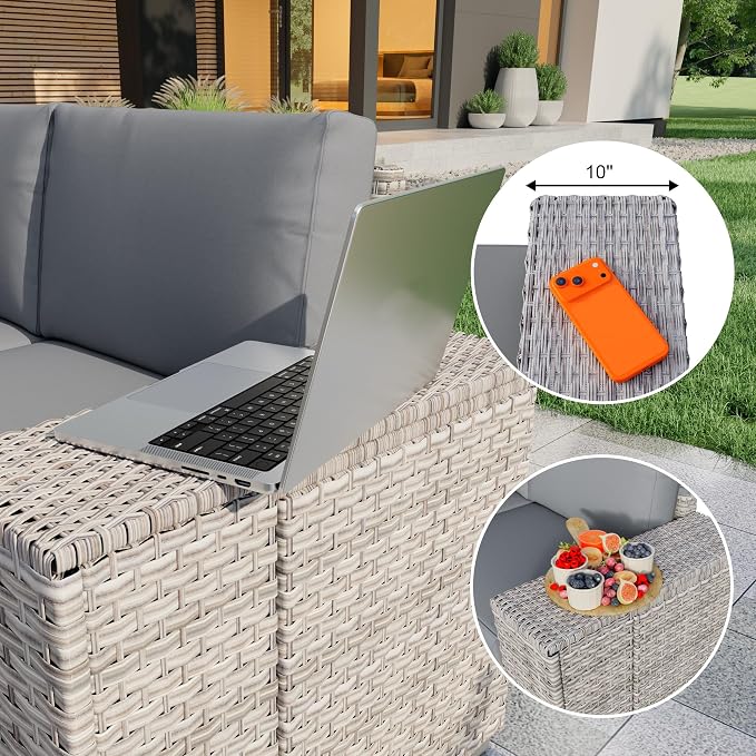 13-Piece Outdoor Patio Furniture Set, Rattan Wicker Conversation Set with Wide Armrests, Outdoor Modular Sectional Couch Seating Group Sofa with Fire Pit for Deck Garden Porch (Gray Cushions)