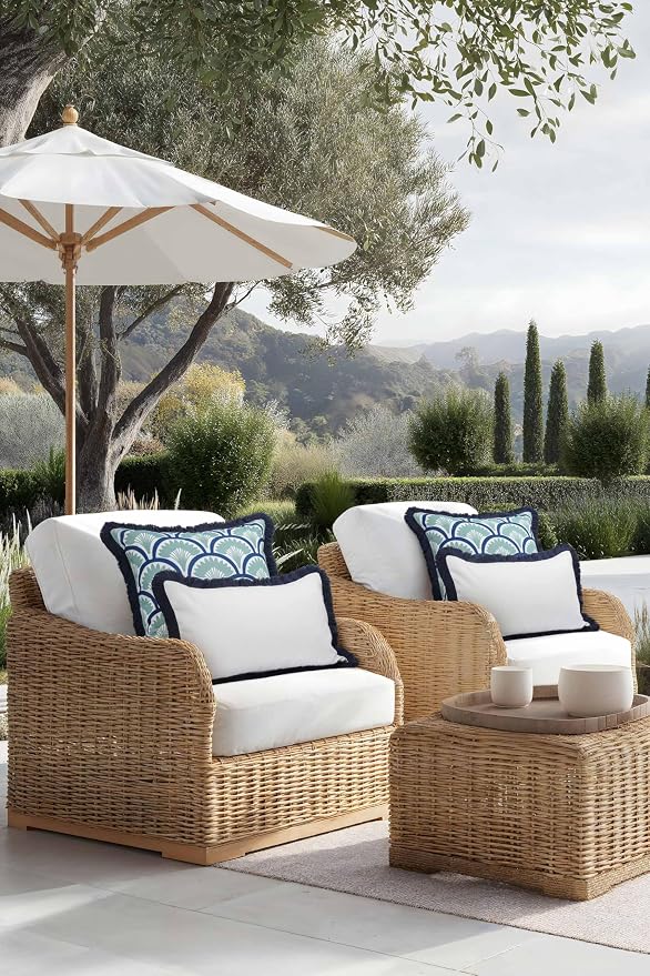 Hofdeco Premium Coastal Grandmillennial Patio Indoor Outdoor Lumbar Pillow Cover Only, 12"x20" Water Repellent for Backyard, Couch, Poolside, White Navy Blue Solid