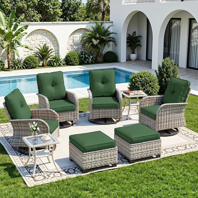 8-Piece Small Patio Furniture Set, Outdoor Swivel Rocking Chairs Set with Ottomans, Patio Bistro Set for Balcony, Deck, Porch, Dark Green