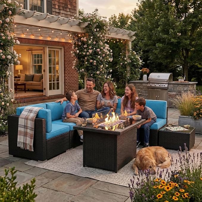 15 Pieces Patio Furniture Set with 44" Propane Gas Fire Pit Table, Outdoor Sectional Wicker Conversation Sofa Sets with Coffee Table