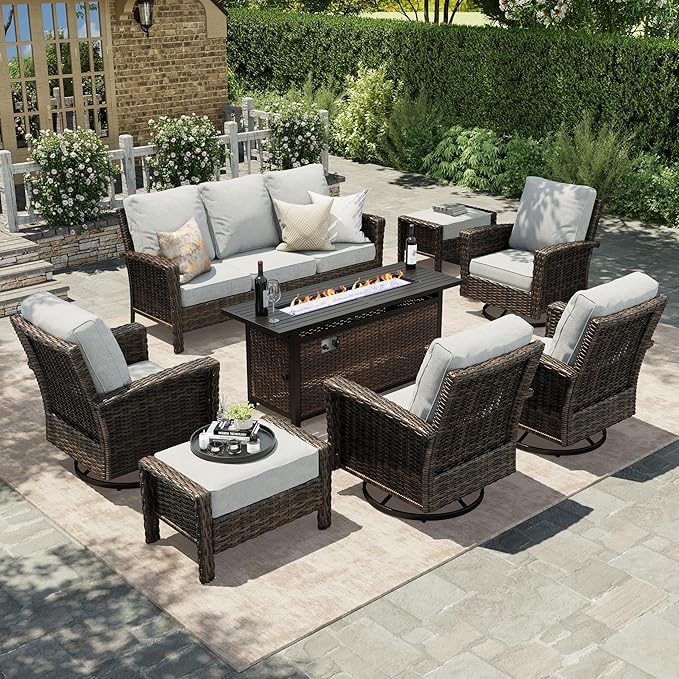 HERA'S HOUSE 8-Piece Patio Furniture Set with Swivel Chairs & Fire Pit, Outdoor High Back Wicker Conversation Sets with 5.5" Thick Cushions, All-Weather Deep Seating Sofa with Ottomans, Grey