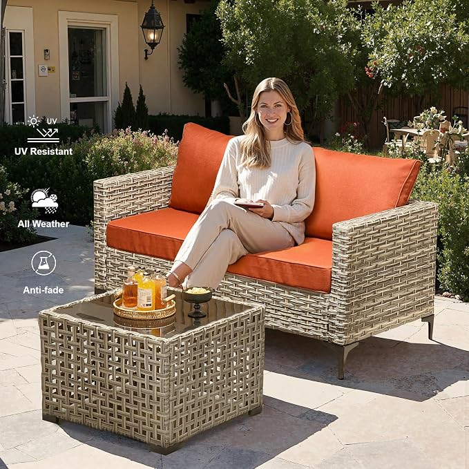 Outdoor Patio Furniture Sets,9 PCS Patio Conversation Set Outside Rattan Sectional Sofa with 42 in Square Fire Pit Table Wicker Rocking Chair Coffee Table Fit Backyard Garden Poolside Balcony