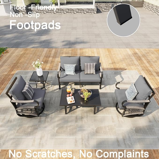 5 Pieces Patio Conversation Sets, All Weather Metal Outdoor Furniture Set Includes 2 Swivel Rockers with Side Table and Loveseat with Coffee Table for Backyard Garden Deck Porch Poolside, Gray