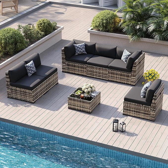 Patio Furniture Sets, 7-Piece Outdoor Patio Furniture with Thick Cushions,Coffee Table Outdoor All-Weather Conversation Set Sectional Sofa for Backyard, Poolside, Garden(Black)
