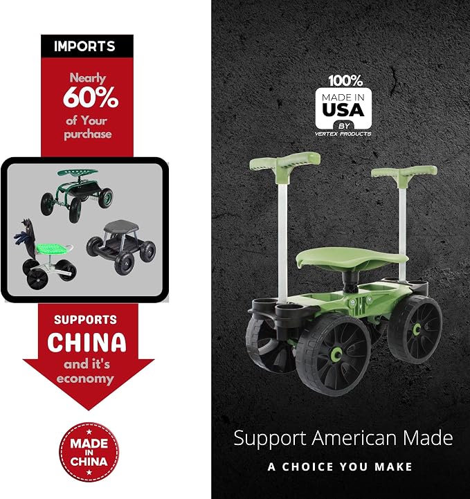 TheXceptional Wheelie Easy-Up EX530 Rolling Garden Stool & Cart with Wheels | Ergonomic rolling garden seat & scooter with Easy-Up handles for seniors. Made in USA by Vertex. 360° swivel, 10" wheels.