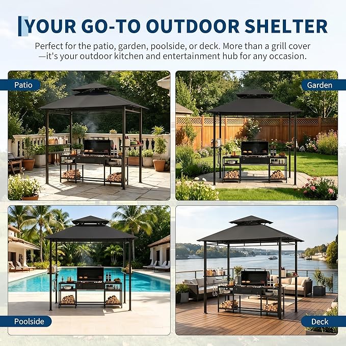 Garvee 8' x 5' Outdoor BBQ Grill Gazebo, Double-Tiered Vented Patio Canopy Tent with 2 Side Shelves for Cooking and Outdoor Entertaining