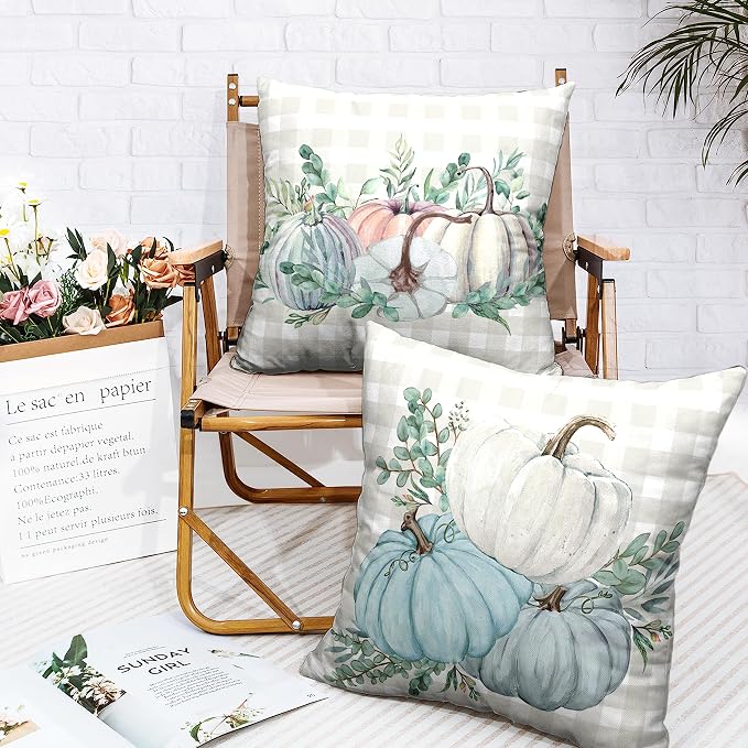 Set of 2 Fall Pillow Covers 16x16 Autumn Pumpkin Grey Plaid Outdoor Pillow Covers Thanksgiving Harvest Decoartions Cotton Linen Pillow Case for Livng Room Couch Outdoor