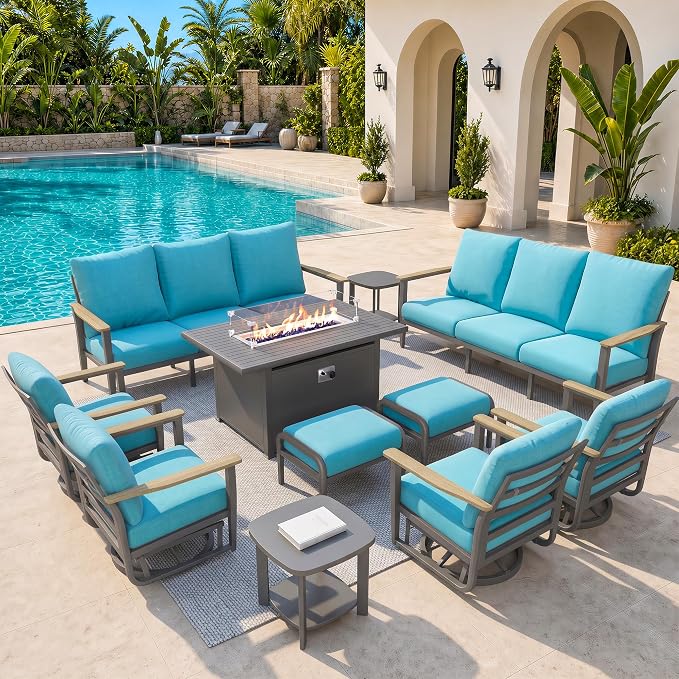 Aluminum Outdoor Patio Furniture Set, 11-Piece Sectional Sofa with 5.1" Thick Cushions, Swivel Rocking Chairs, 55,000 BTU Fire Pit Table, Outdoor Couch for Backyard, Deck, Blue