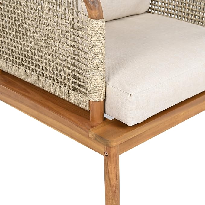 Christopher Knight Home Coby 4-Piece Acacia Wood Patio Furniture Set, Outdoor Conversation Sofa Set with Club Chair, Coffee Table and Ottoman, Patio Sectional Chat Set for Backyard/Balcony, Teak+Beige