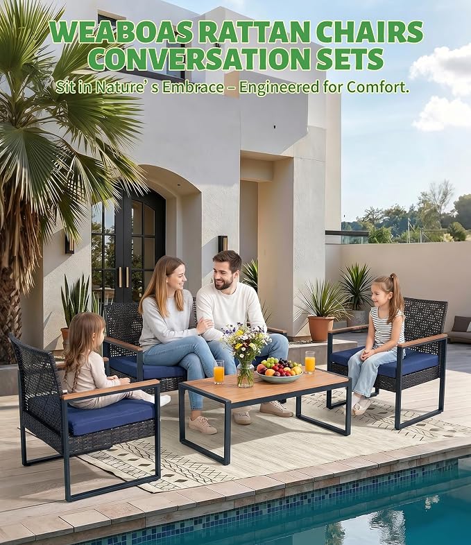 4-Piece Outdoor Patio Furniture Set, Wicker Sofa and Chairs with Cushions, PE Rattan All-Weather Conversation Set with Coffee Table for Backyard, Patio, Poolside, Garden, Lawn, Deck, Black