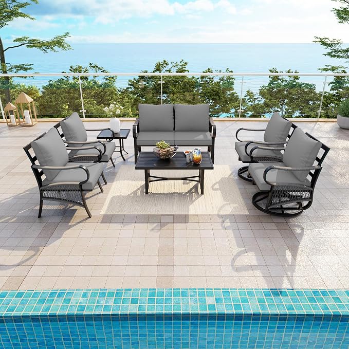 7 Pieces Patio Conversation Sets, All-Weather Metal Swivel Rocking Chairs with Rope Furniture Set, Outdoor Sofa Couch for Deck, Porch, Garden, Backyard, Poolside (Gray Cushions)