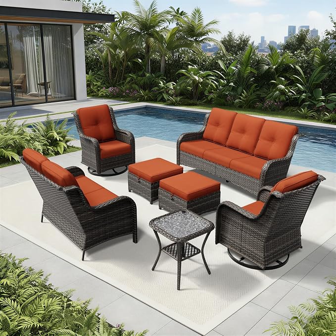 Joyside 7 Piece Wicker Patio Furniture Set, Outdoor Swivel Rocker Patio Chairs with High Back, Deep Seating, Wide Armrest, Thickened Cushions, Outdoor Furniture for Deck, Porch Use