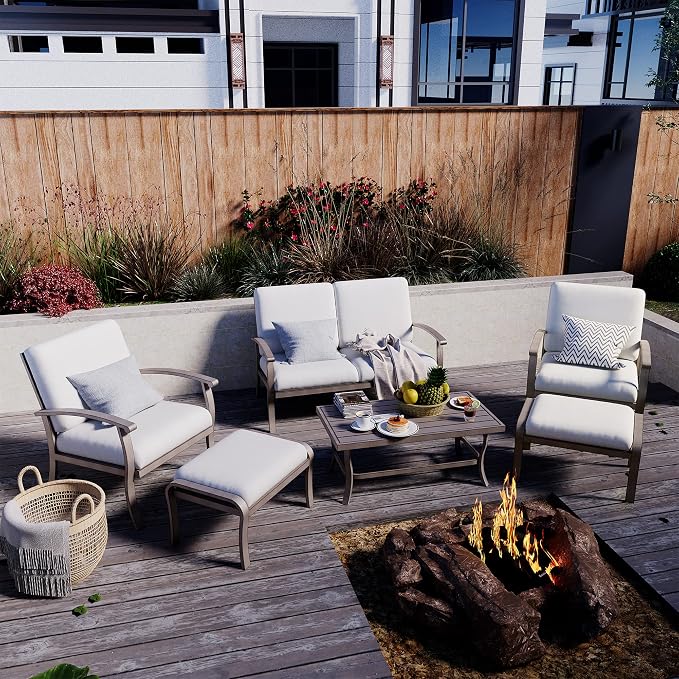 HAPPATIO 6 Piece Aluminum Patio Furniture Set, Outdoor Armchairs with Ottomans and Loveseat, Outdoor Sectional Sofa with Comfortable Cushions and Coffee Table(Gray)