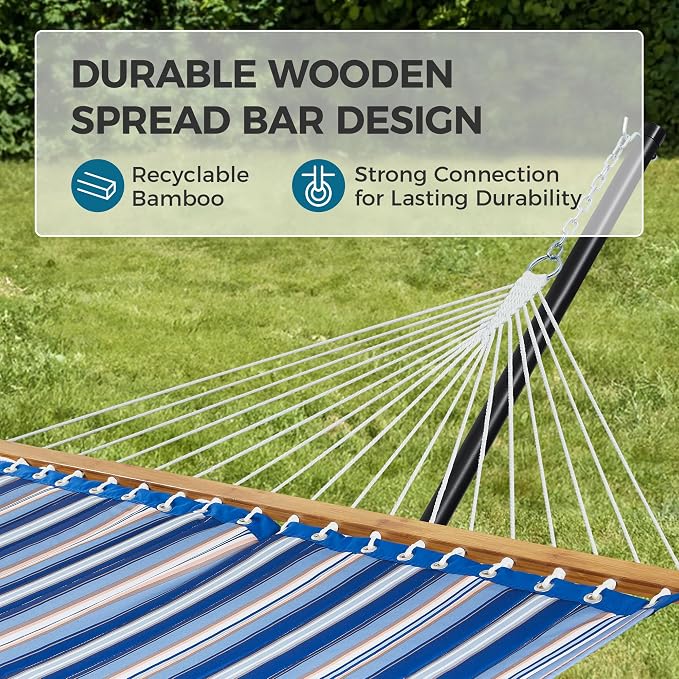SUPERJARE Hammock with Stand, 2 Person Quilted Outdoor Hammock, Detachable Pillow & Bamboo Spreaders, Portable Hammock with Carrying Bag, Heavy Duty Stand, Perfect for Outside, Navy Blue Stripe