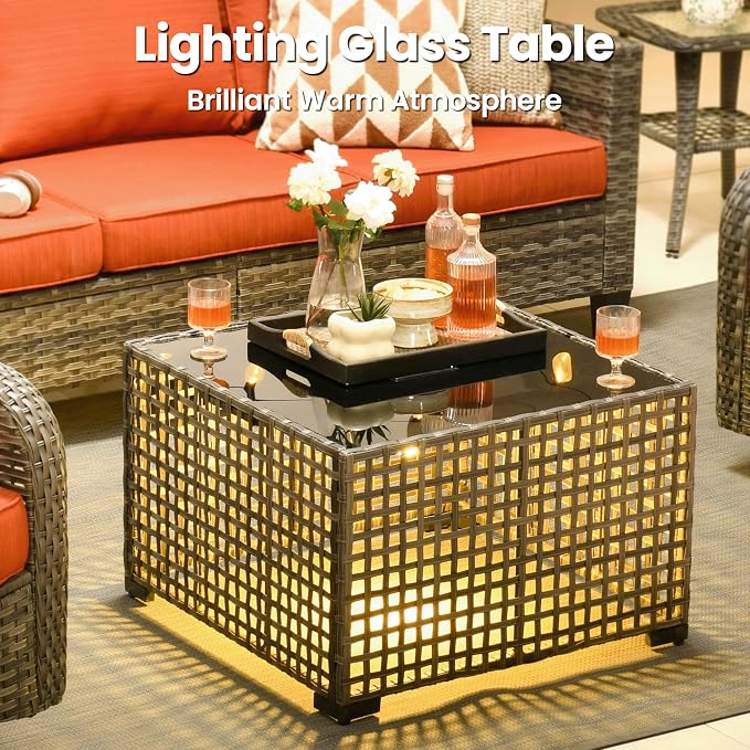 ovios 10 Pieces Patio Furniture Set, Outdoor Wicker Sofa Couch with Swivel Glider Chairs Solar Light Table Fire Pit, Modern Deep Seat Rattan Conversation Sets, Orange Red