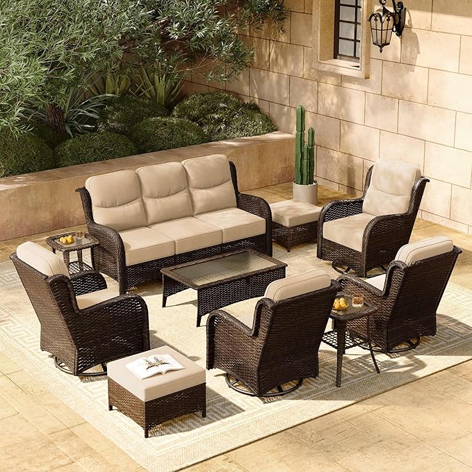 HILLGA 10-Piece Luxury Patio Furniture Set with 6" Thick Cushions, Weather-Resistant Wicker High Back Swivel Rocker Chairs, Senior-Friendly Outdoor Sofa Set for Large Deck, Yard and Poolside,Beige(V2)