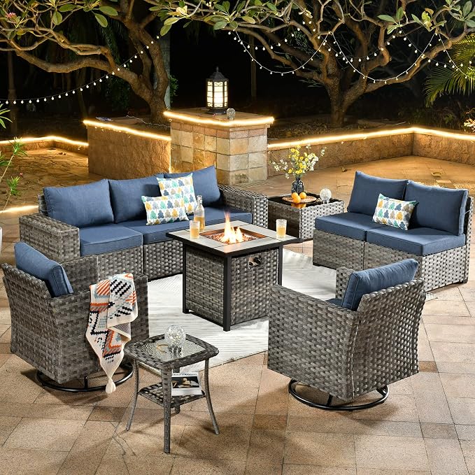 HOOOWOOO Outdoor Patio Sectional Furniture Sofa Set with Fire Pit Table,10 Piece Modern Wicker Couch with Swivel Chairs,Modular Conversation Seating Set with Widened Armrest for Garden(Denim Blue)