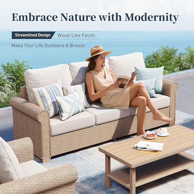 SUNSHINE VALLEY Patio Furniture Set 2 pcs, Rattan Outdoor Chairs with 5.5” Thick Waterproof Cushions, All Weather Wicker Conversation Set for Garden Backyard Deck, Beige