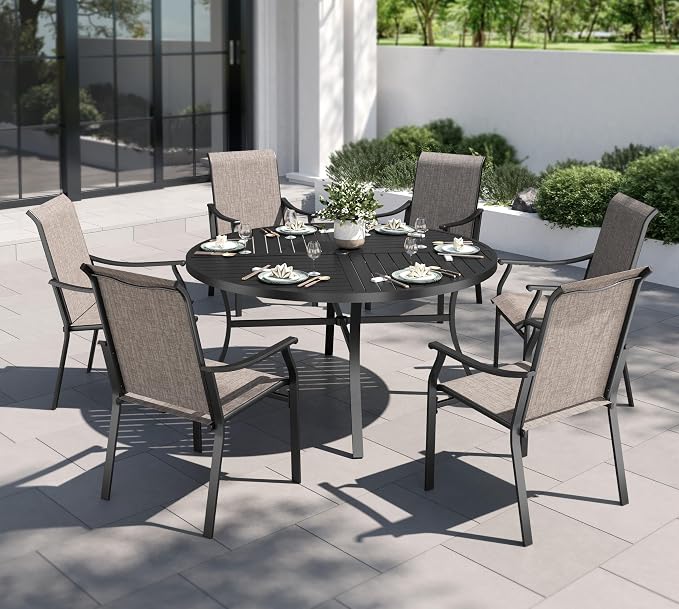 PHI VILLA 7 PCS Patio Dining Table and Chairs,Round Metal Dining Table with 6 Dining Chairs,Sling Fabric and Metal Frame,Outdoor Dining Set for Yard Garden
