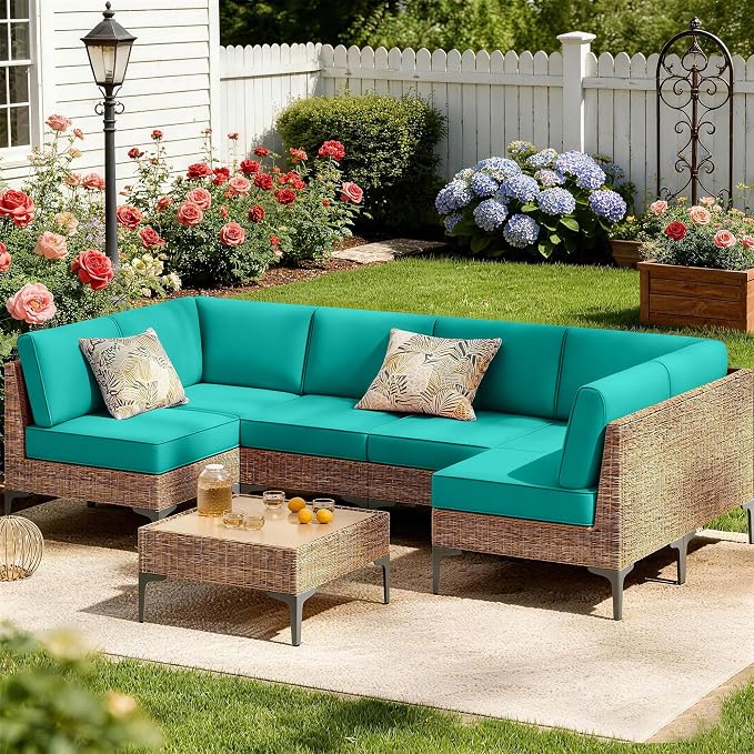 14pc Waterproof Outdoor Couch Cushions for 6 Seat Patio Turquoise | Water-resistant, UV-resistant,14pc High-Density Foam Replacement Cushions for 6-Seat Outdoor Sectional Furniture