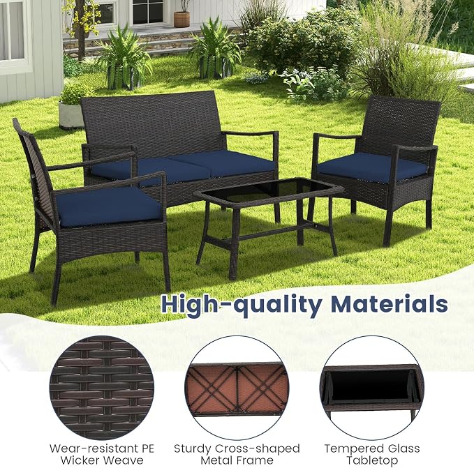 Tangkula 8 Pieces Outdoor Conversation Set, Patio PE Wicker Sofa with Tempered Glass Coffee Table, Soft Seat Cushions Included, Modern Rattan Chair Table Set for Porch, Backyard (2, Navy)
