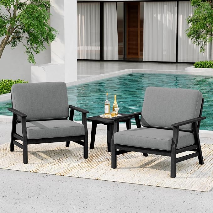 3 Piece Wood Patio Chair Outdoor Bistro Set, Outdoor Armchair All Weather Patio Sofa Furniture Backyard Conversation Sets with Dark Wooden Side Table, Grey