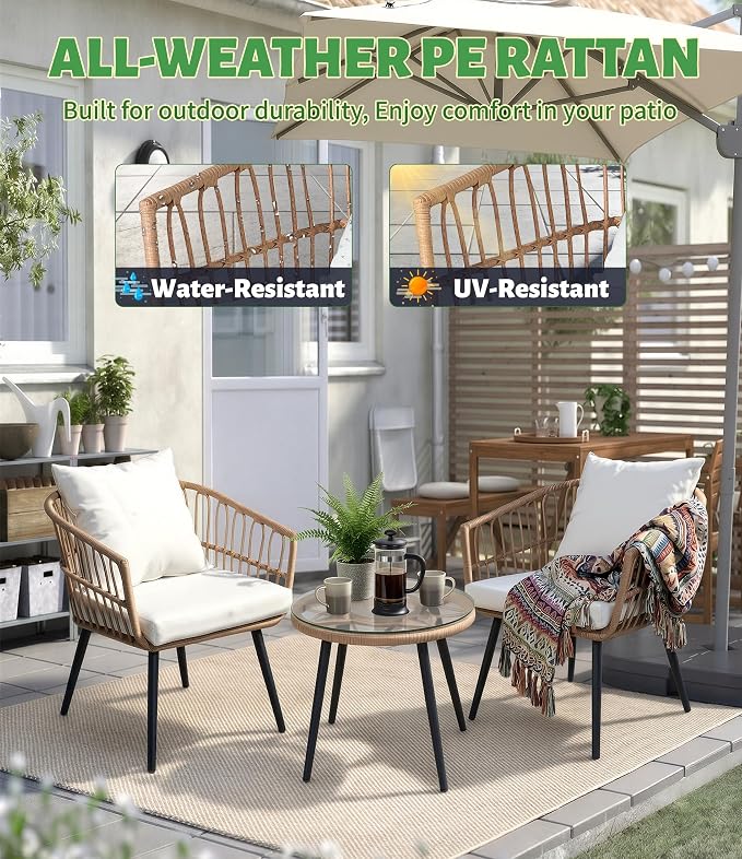 3-Piece Outdoor Patio Bistro Set, Wicker Chairs with Cushions, PE Rattan All-Weather Conversation Set with Coffee Table for Balcony, Porch, Backyard, Poolside, Garden, Deck, Khaki