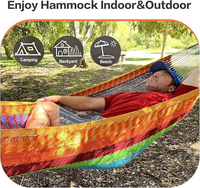 CHULIM Handwoven Mayan Hammock with 10ft Tree Straps, 550lbs Capacity Soft Rope Double Hammock, Portable Outdoor Hammock with Carry Bag for Camping Backyard Beach - Black White Stripe