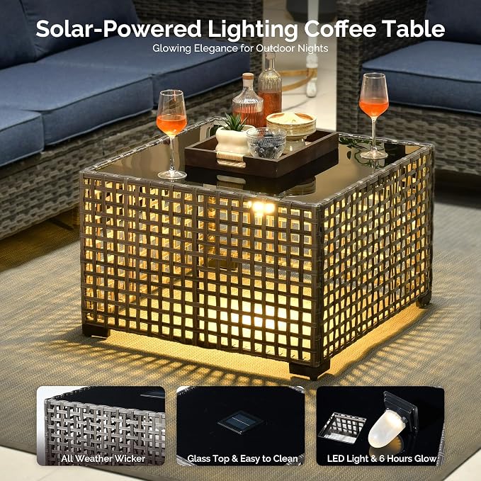 7 Piece Wicker Patio Furniture Set with Firepit Table, Dark Gray | Outdoor Deep Seating Sofa Chair Ottoman, Firepit, Solar Lights Table, Modern Conversation Set, Porch Deck Backyard