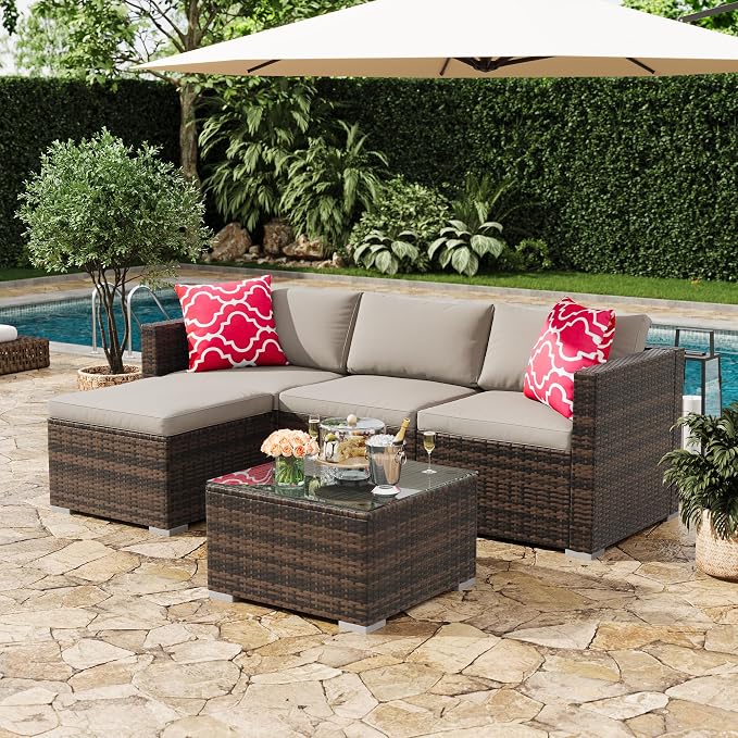 GarveeHome 5 Pieces Patio Sectional Furniture Set, All Weather Wicker Rattan Sectional Sofa, Patio Conversation Set with Cushions and Glass Coffee Table for Backyard Porch Garden Balcony, Grey