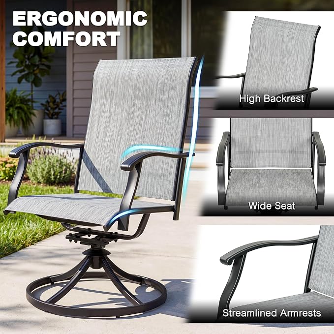 NUU GARDEN 5 Piece Patio Dining Set for 4, Swivel Chairs, Black | Square dining table with umbrella hole and 4 Textilene swivel chairs featuring ergonomic high backs and durable steel frames.