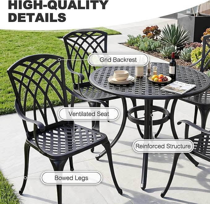 NUU GARDEN 5-Piece Outdoor Dining Set, 33" Cast Aluminum Dining Table with Umbrella Hole and 4 Cast Aluminum Chairs, Patio Table and Chair Set, Patio Dining Set for Poolside Deck Yard Balcony, Black