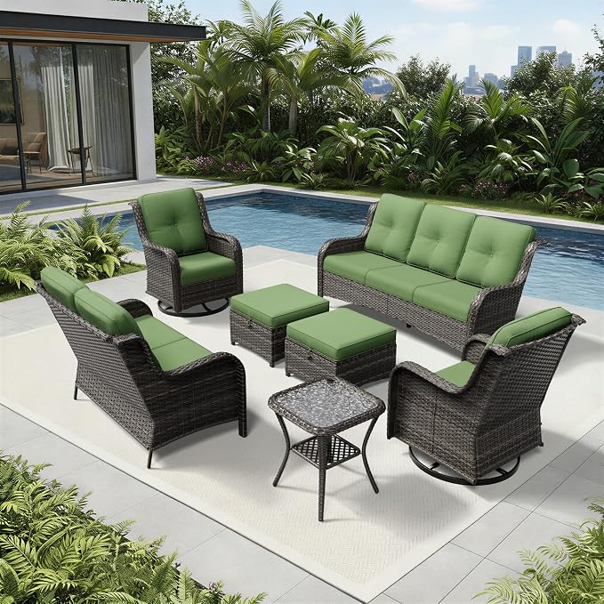 Joyside 7 Piece Wicker Patio Furniture Set, Outdoor Swivel Rocker Patio Chairs with High Back, Deep Seating, Wide Armrest, Thickened Cushions, Outdoor Furniture for Deck, Porch Use